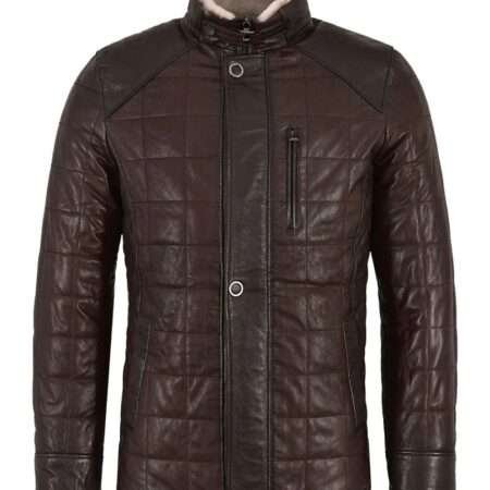 Men's Faux Shearling Quilted Brown Bomber Leather Jacket