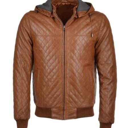 mens quilted hooded bomber leather jacket